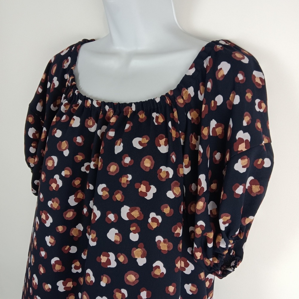 Ann Taylor Dress Womens XS Navy Blue Abstract Dot Puff Sleeve Lined Peasant - Picture 3 of 11